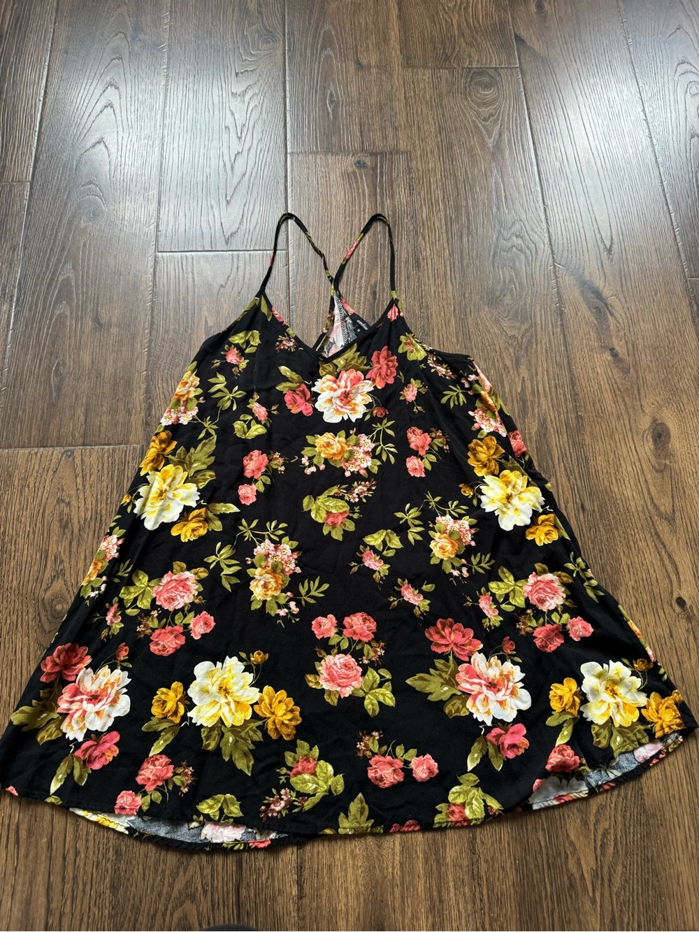 Black Floral Spaghetti Strap Dress - Yellow & Pink Roses